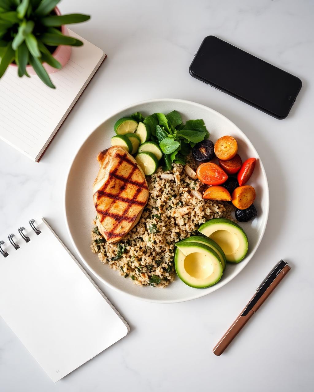 Prato equilibrado com proteína, grãos e vegetais ao lado de caderno de acompanhamento